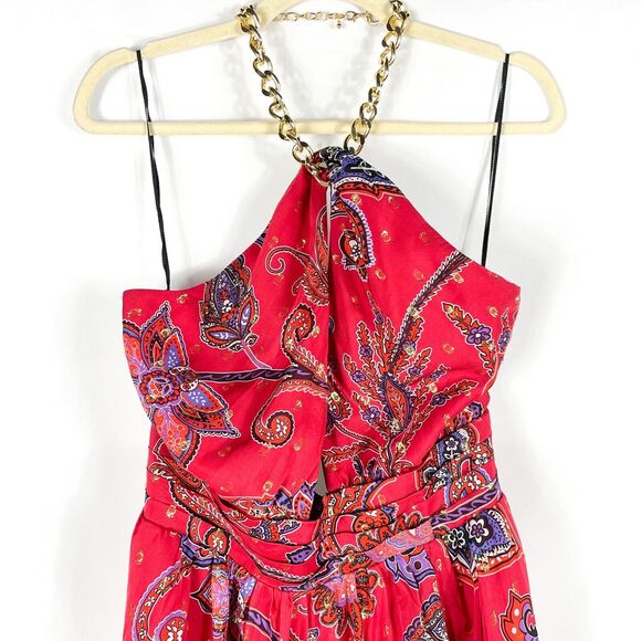 Dundas Jimi Maxi Dress Red Paisley Halter Gown Sleeveless Side Slit Sz L - Picture 5 of 12